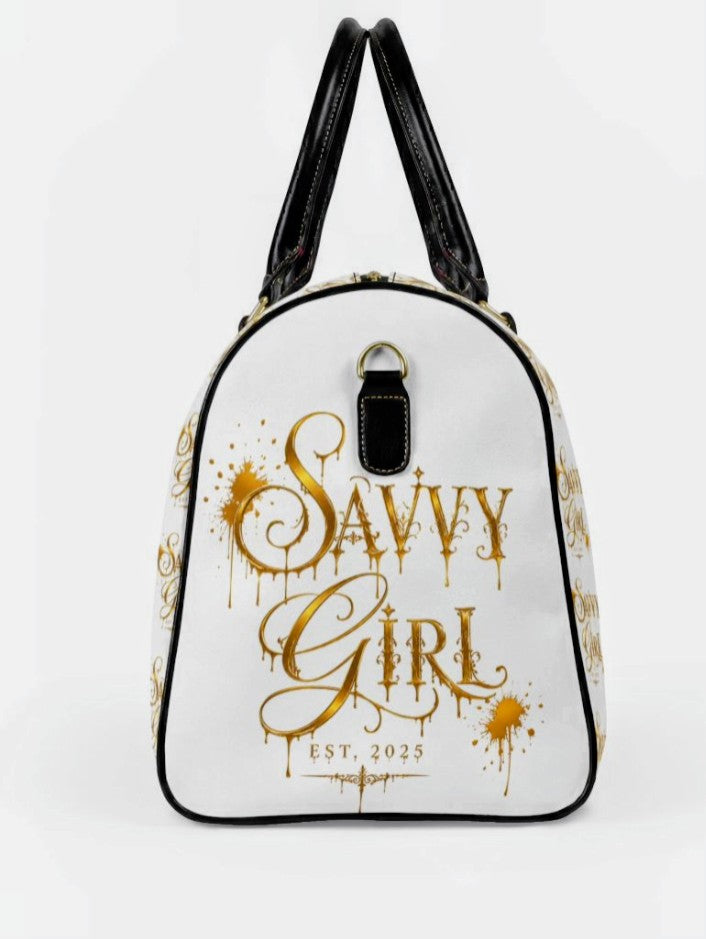 Savvy Girl Faux Leather Travel Bag – White & Gold Duffle with Script Pattern