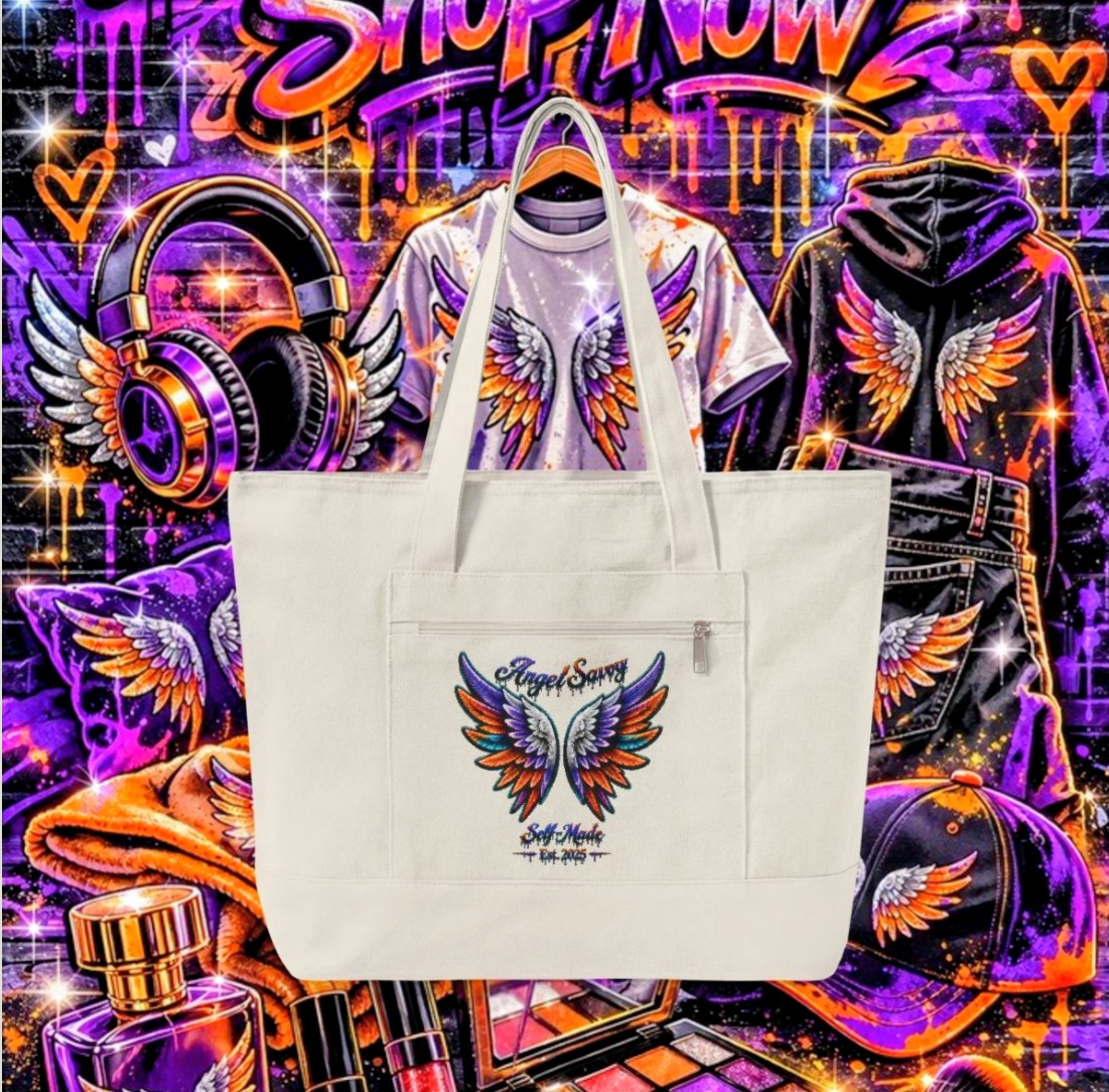 Embroidered Phoenix Wings Zippered Canvas Tote — Boho Festival Everyday Bag