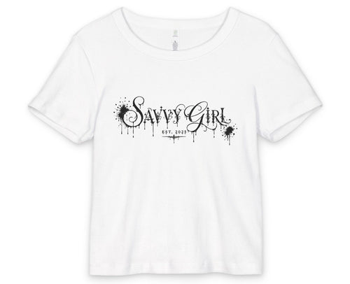 Savvy Girl Organic Rib Baby Tee — Graphic Cropped White Tee with Drip Script