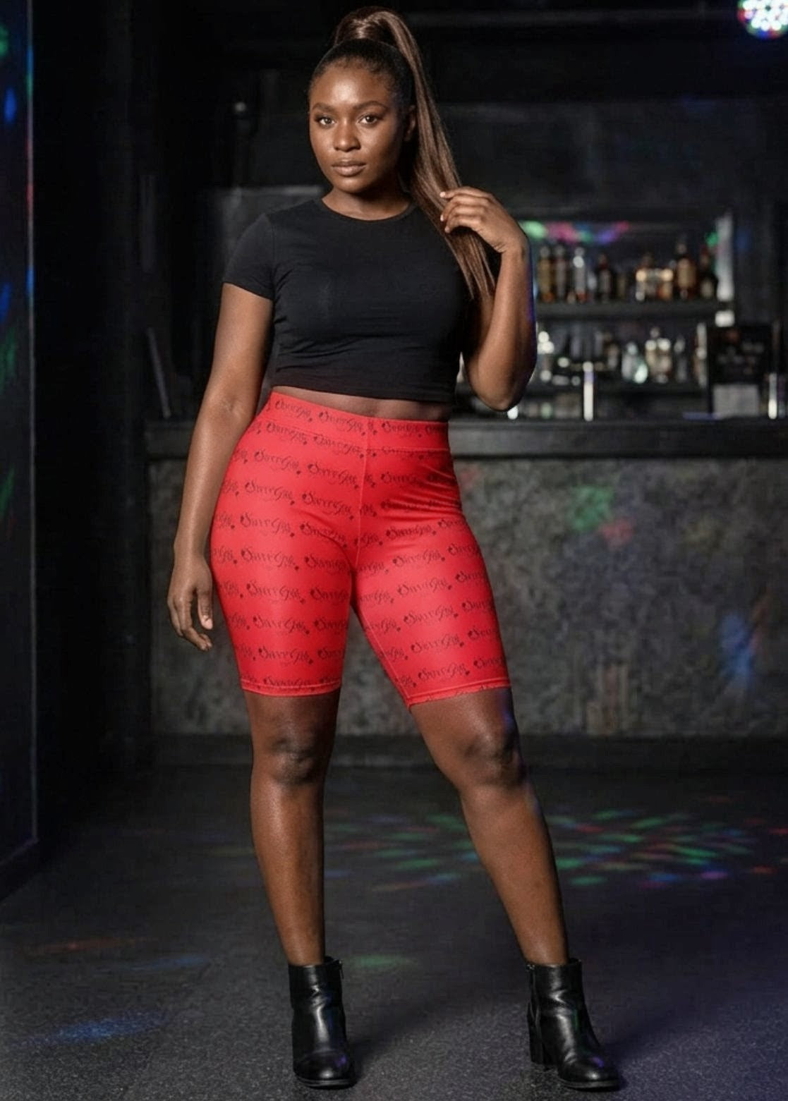 Women's Biker — Red All-Over Script Floral Pattern