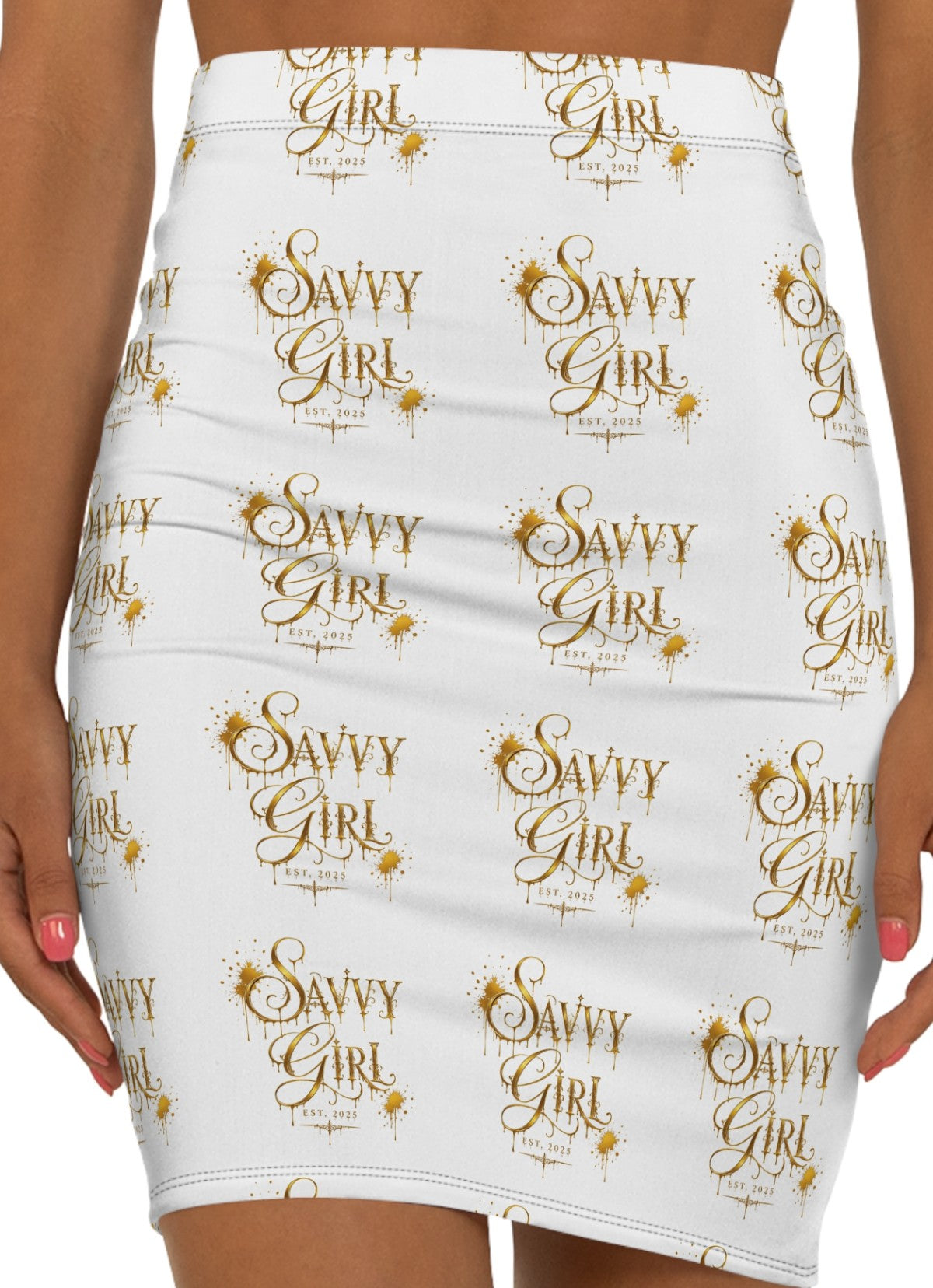 Savvy Girl Gold Script Pencil Skirt — Mid‑Waist Patterned Women's Skirt