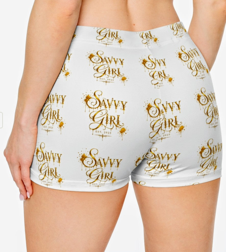 Savvy Girl Patterned Women's Shorts — White & Gold All-Over Print